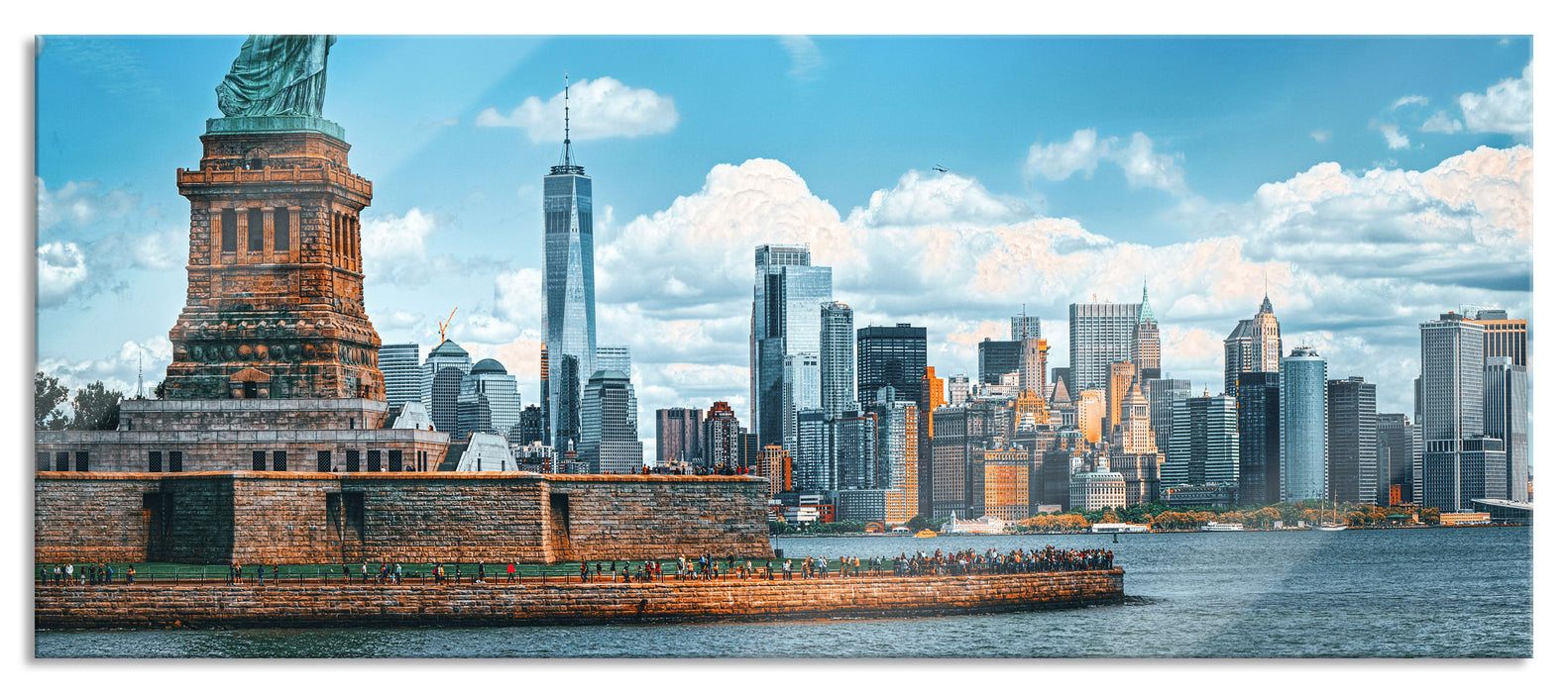 Pixxprint Freiheitsstatue mit New Yorker Skyline, Glasbild Panorama