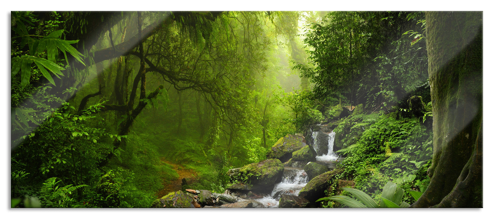 Pixxprint Kleinder Wasserfall im Dschungel, Glasbild Panorama