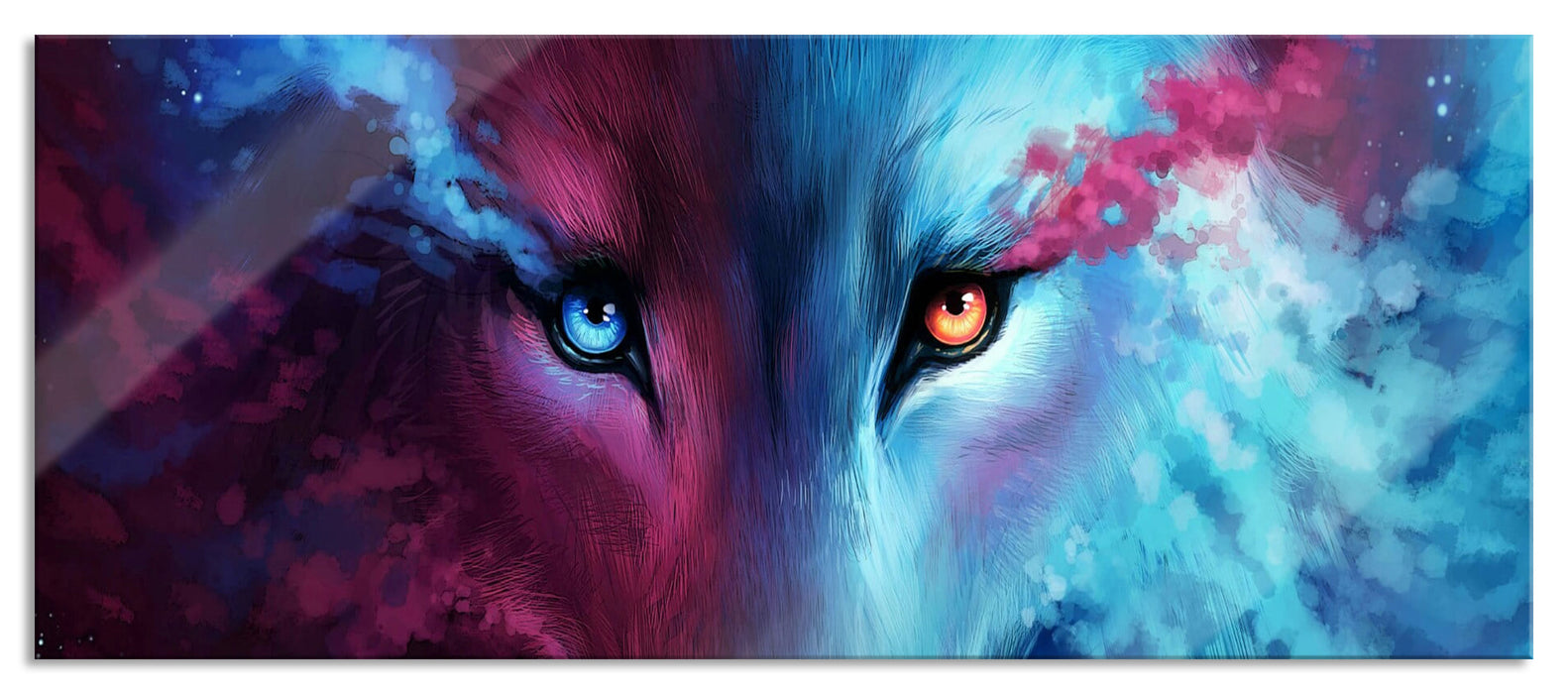Pixxprint Abstrakter Wolf mit rauchenden Augen, Glasbild Panorama
