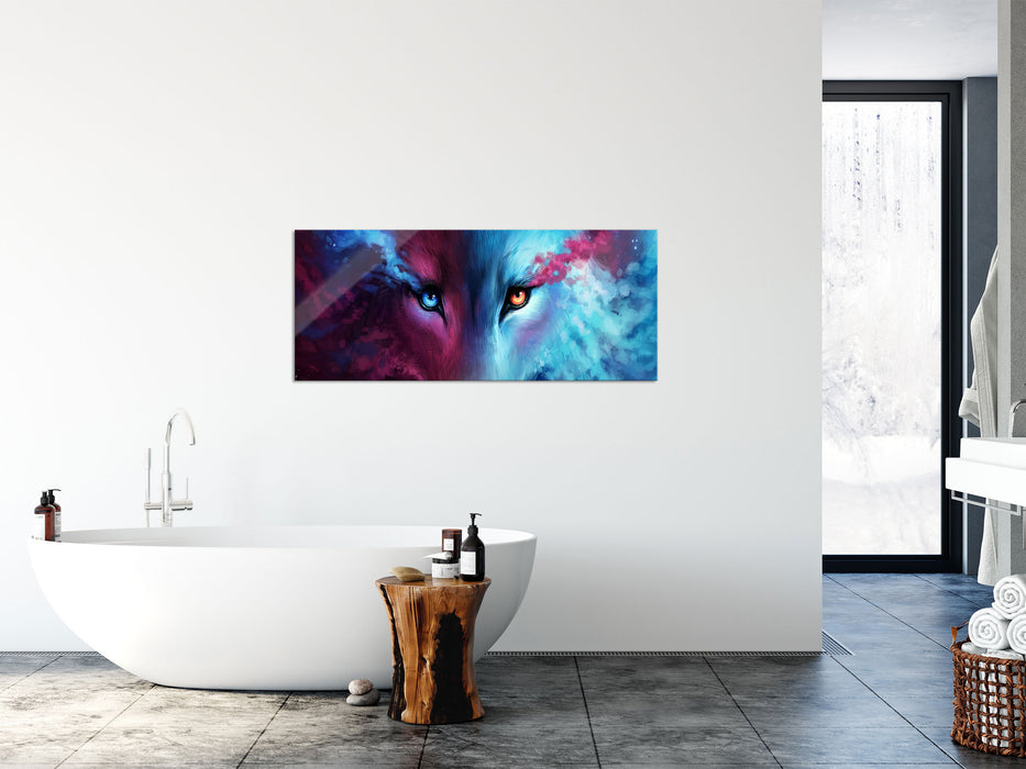 Abstrakter Wolf mit rauchenden Augen, Glasbild Panorama