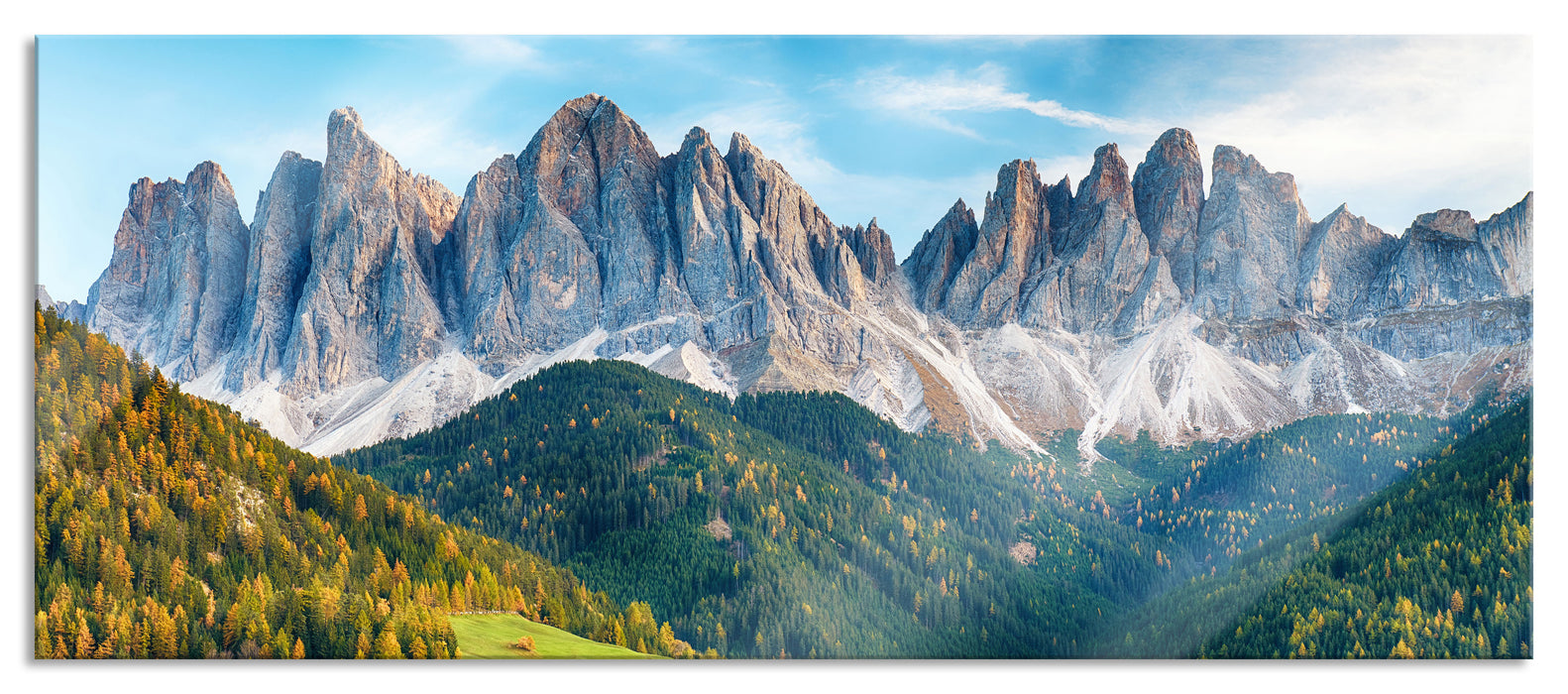 Pixxprint Bunte Waldlandschaft vor den Dolomiten, Glasbild Panorama