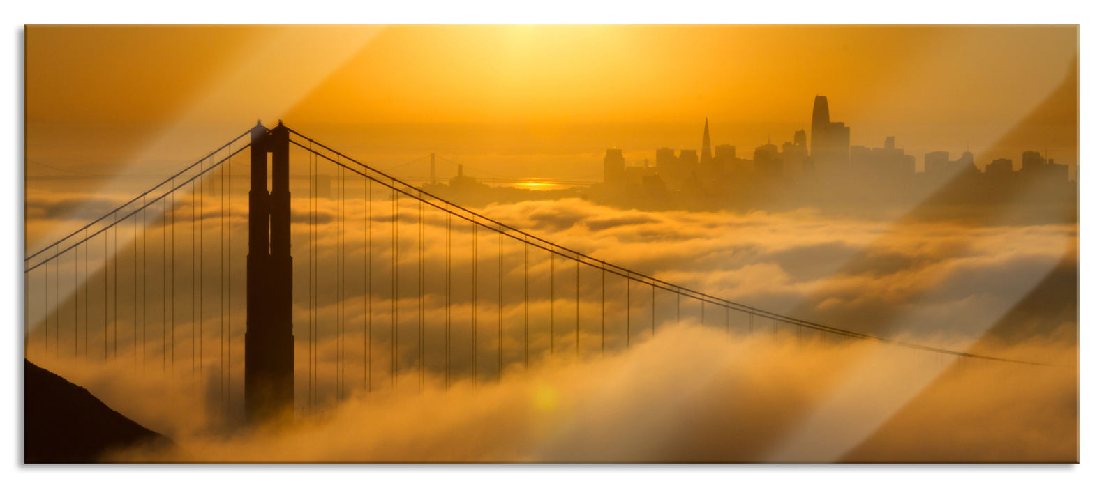 Pixxprint Golden Gate Bridge im Sonnenaufgang, Glasbild Panorama