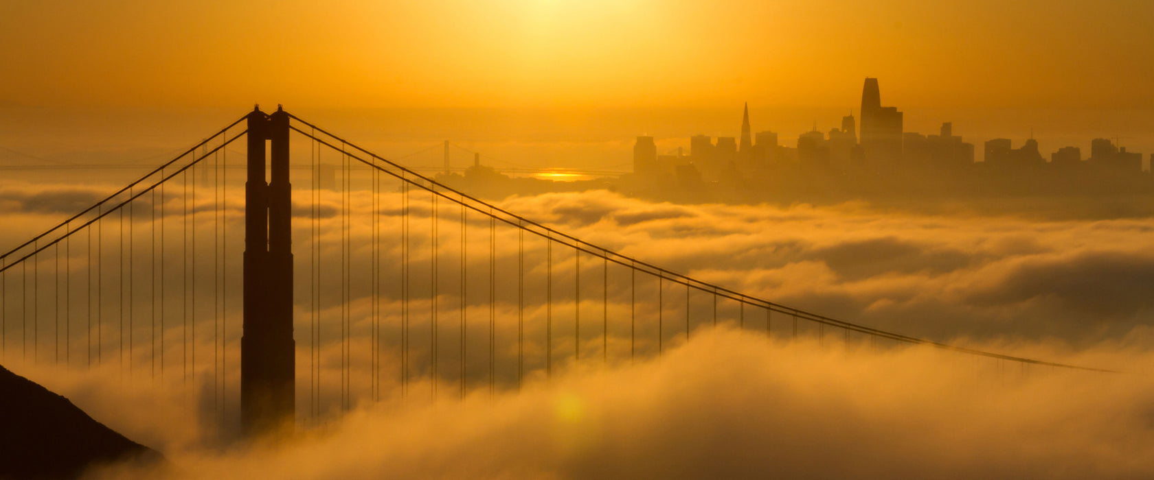 Golden Gate Bridge im Sonnenaufgang, Glasbild Panorama