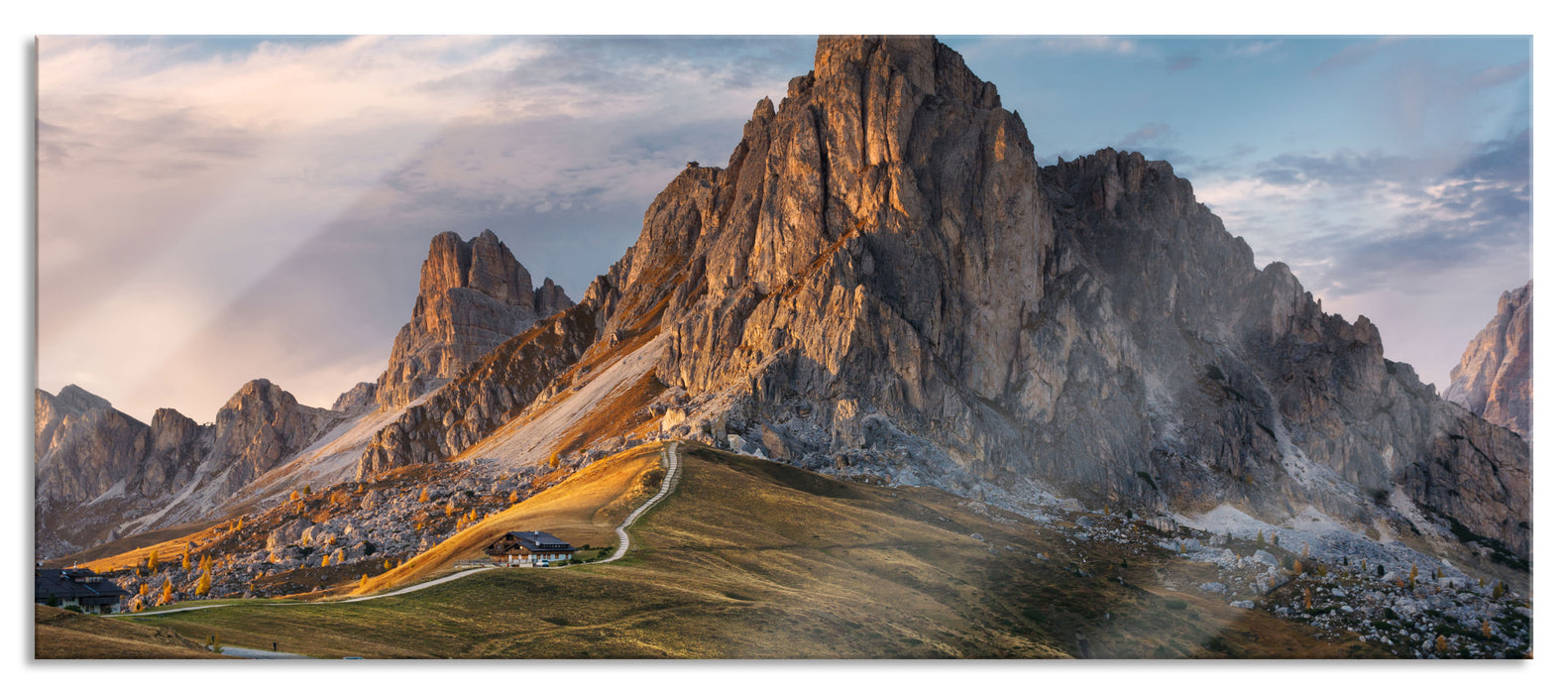 Pixxprint Dolomiten im Sonnenuntergang, Glasbild Panorama