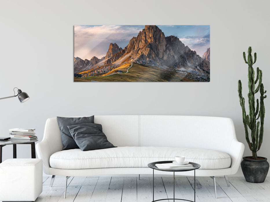 Dolomiten im Sonnenuntergang, Glasbild Panorama