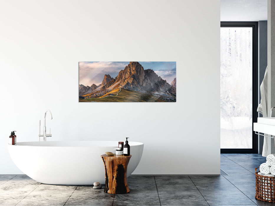 Dolomiten im Sonnenuntergang, Glasbild Panorama