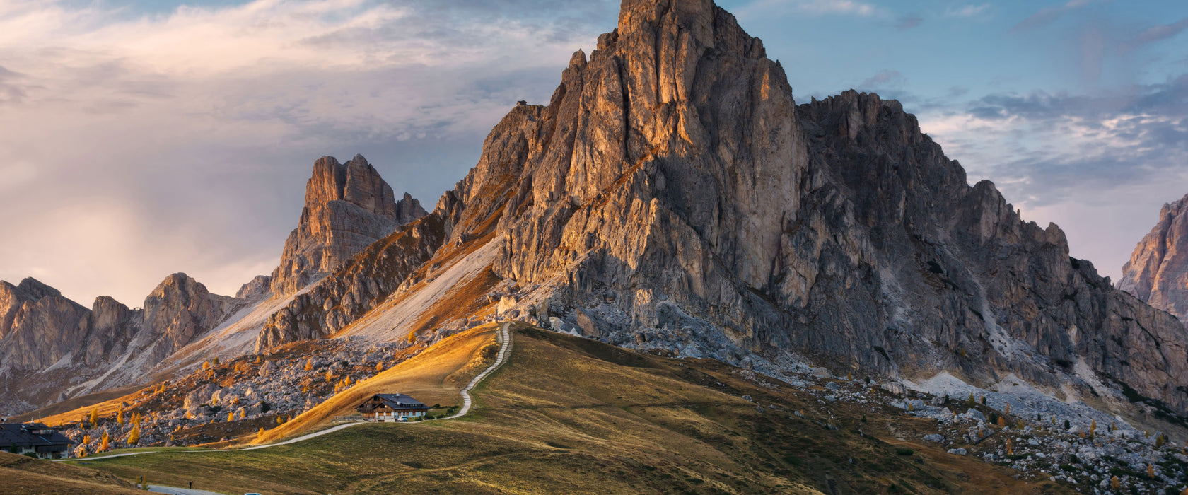 Dolomiten im Sonnenuntergang, Glasbild Panorama