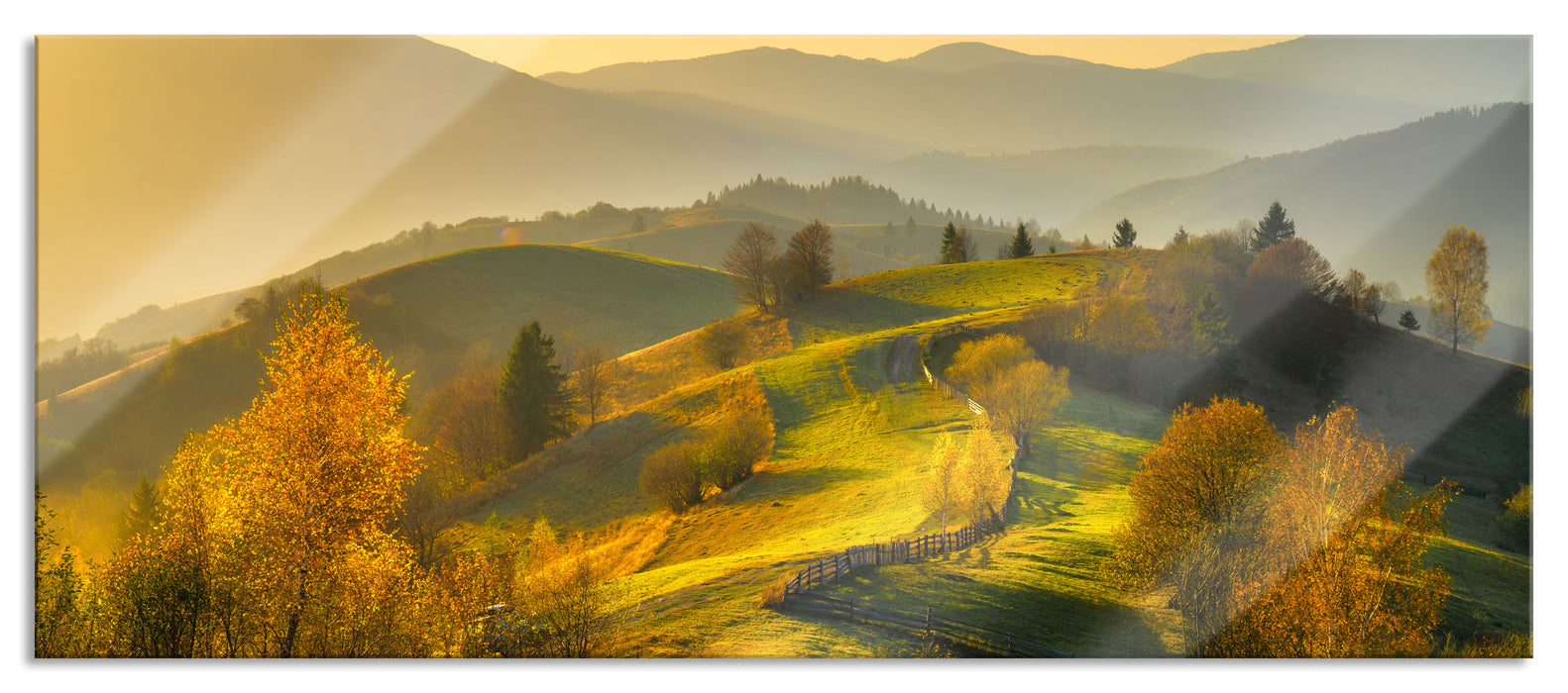 Pixxprint Hügelige Herbstlandschaft bei Sonnenuntergang, Glasbild Panorama