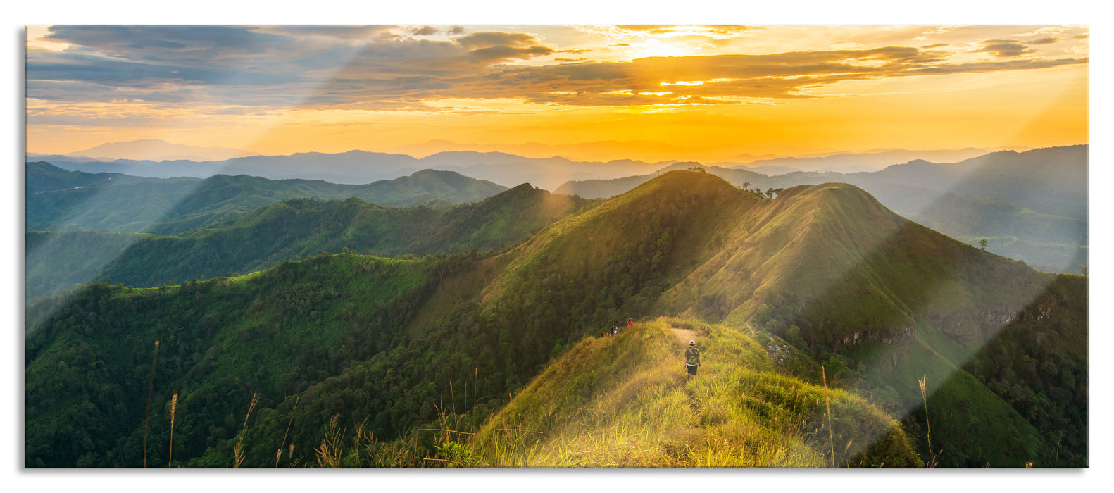 Pixxprint Gebirgszug bei Sonnenuntergang, Glasbild Panorama