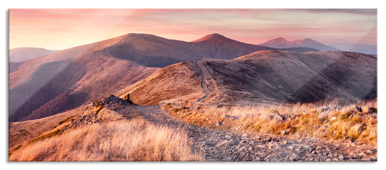 Pixxprint Steinlandschaft bei Sonnenuntergang, Glasbild Panorama