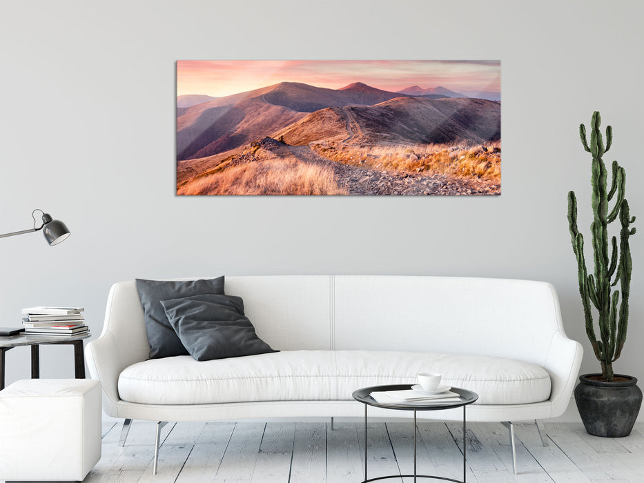 Steinlandschaft bei Sonnenuntergang, Glasbild Panorama