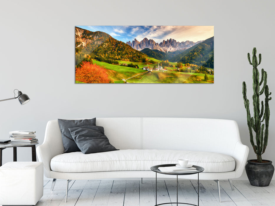 Herbstliche Landschaft in den Dolomiten, Glasbild Panorama