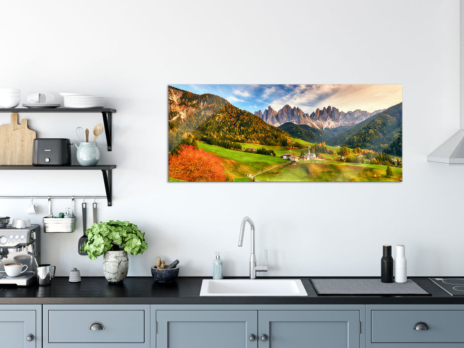 Herbstliche Landschaft in den Dolomiten, Glasbild Panorama