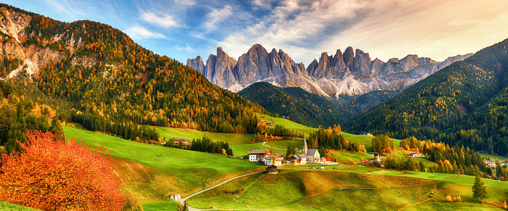 Herbstliche Landschaft in den Dolomiten, Glasbild Panorama