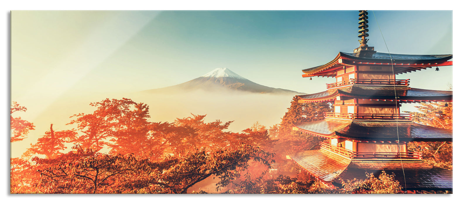 Pixxprint Japanischer Tempel in bunten Baumwipfeln, Glasbild Panorama