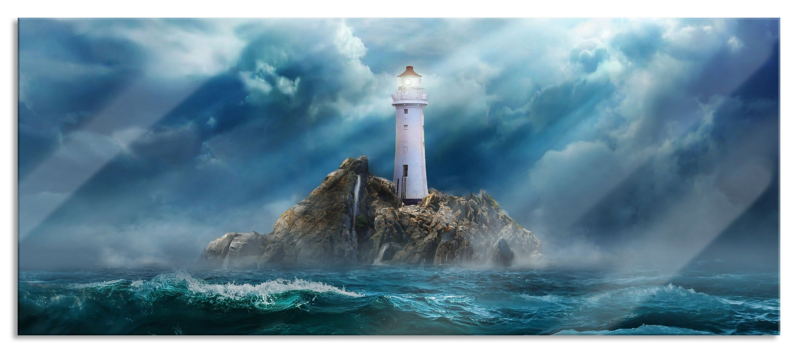 Pixxprint Sonnenstrahlen auf Leuchtturm im Sturm, Glasbild Panorama