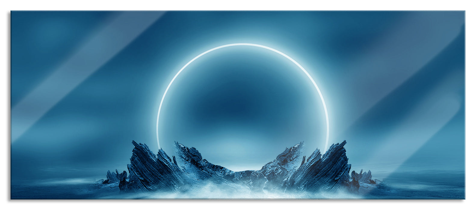 Pixxprint Abstrakter Mond hinter Felsformation, Glasbild Panorama