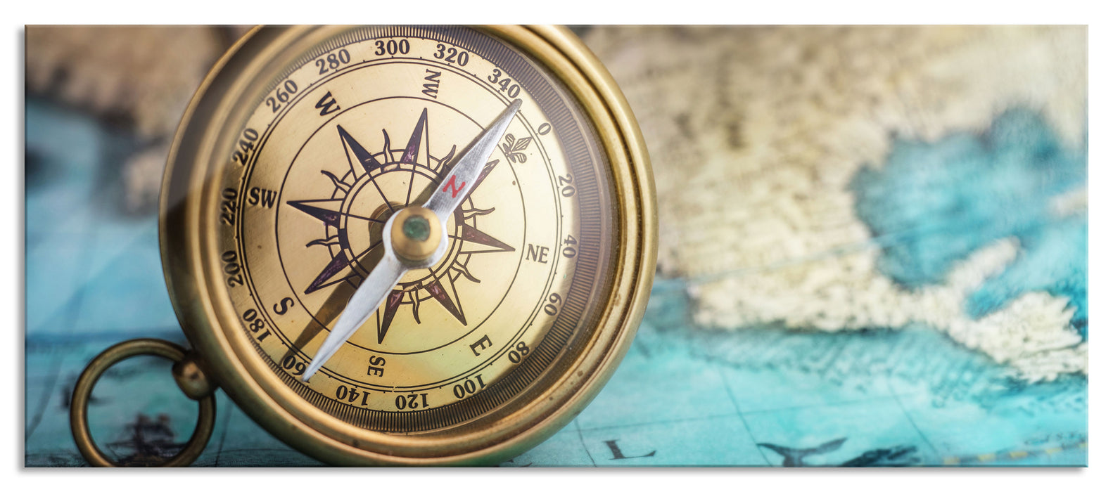 Pixxprint Alter Kompass auf Weltkarte, Glasbild Panorama
