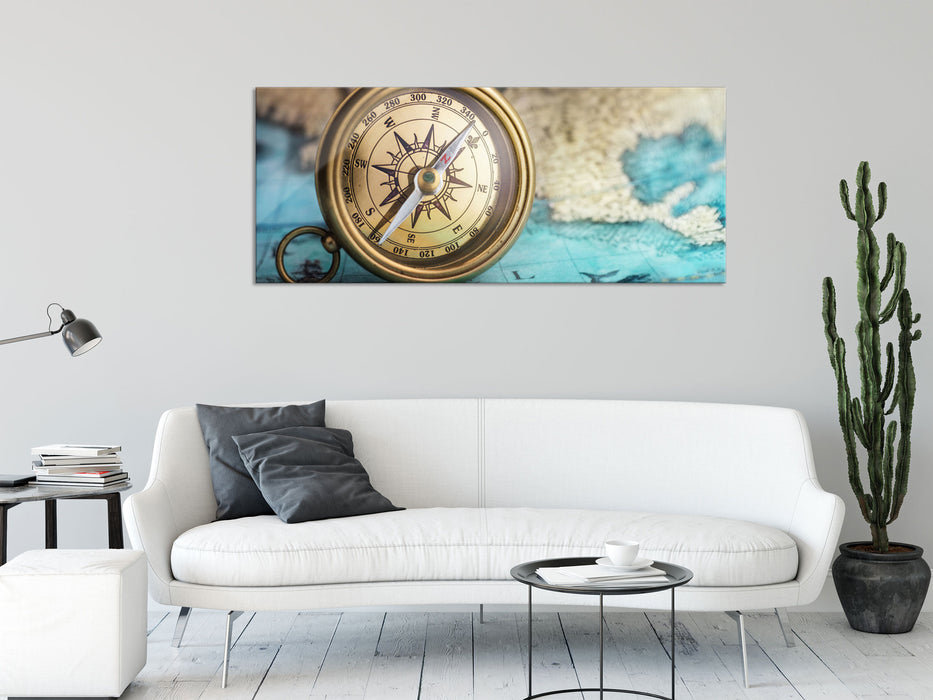 Alter Kompass auf Weltkarte, Glasbild Panorama