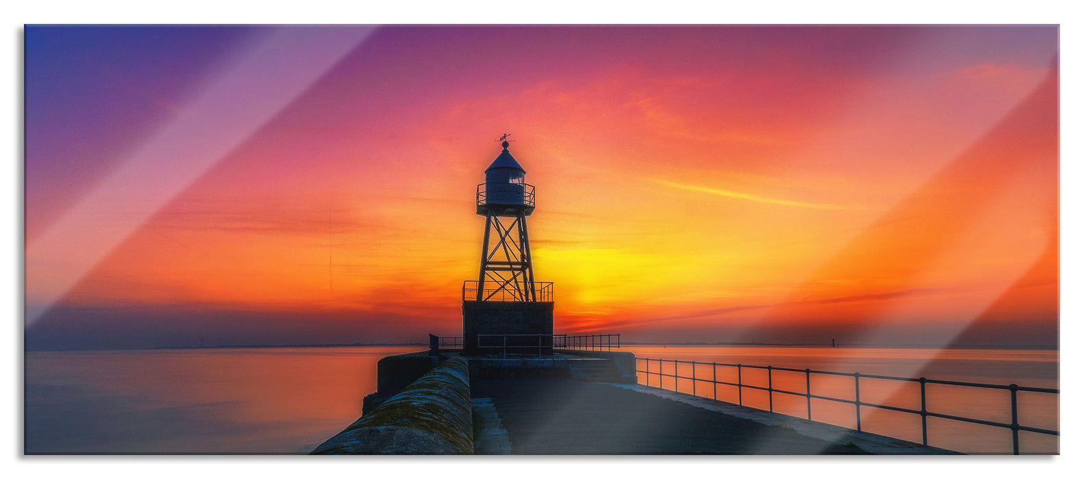 Pixxprint Leuchtturm am Steg bei Sonnenuntergang, Glasbild Panorama