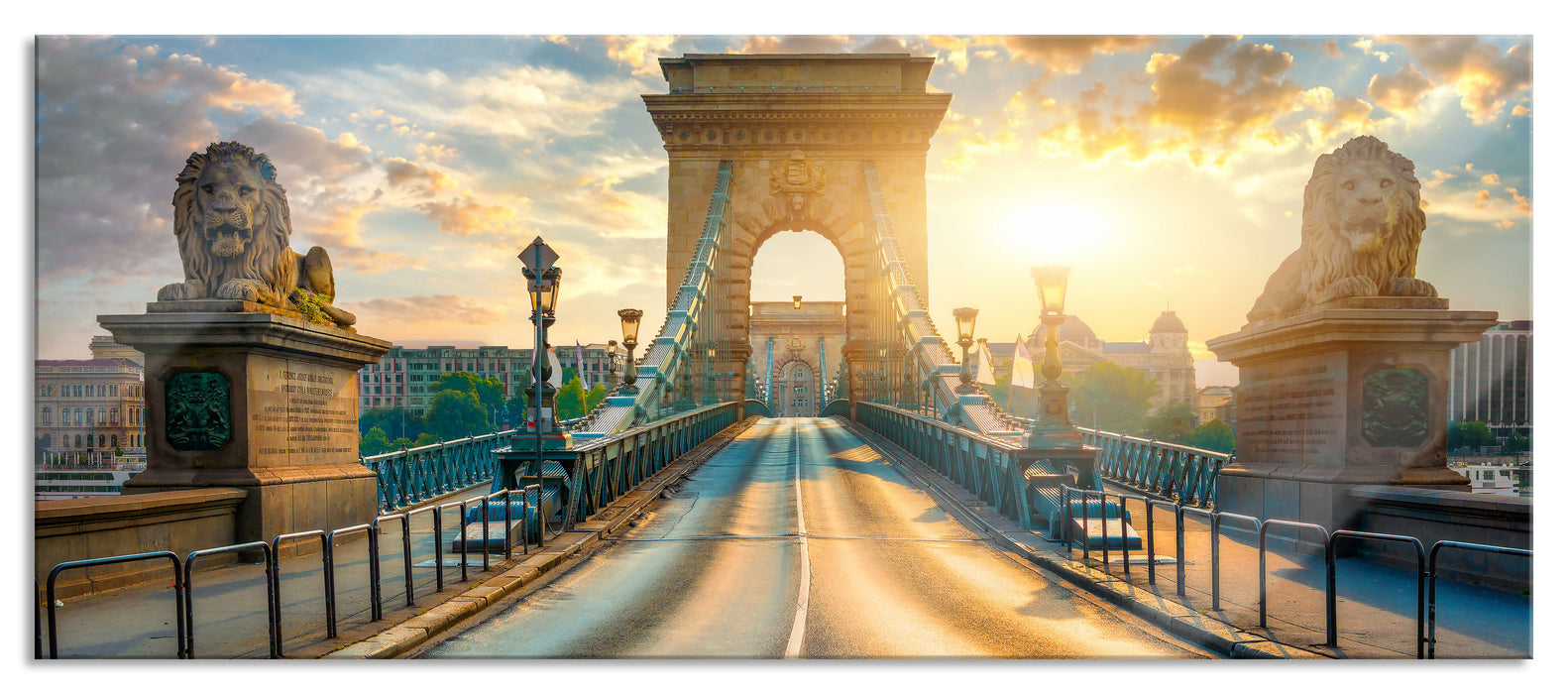 Pixxprint Brücke in Budapest bei Sonnenuntergang, Glasbild Panorama