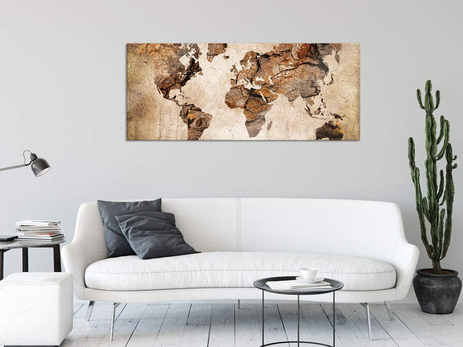 Weltkarte auf altem Holz, Glasbild Panorama