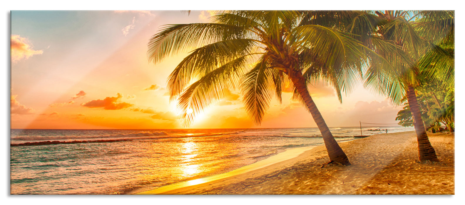 Pixxprint Palmen im Sonnenuntergang auf Barbados, Glasbild Panorama