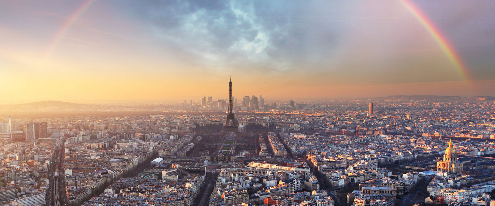 Panorama Regenbogen über Paris, Glasbild Panorama