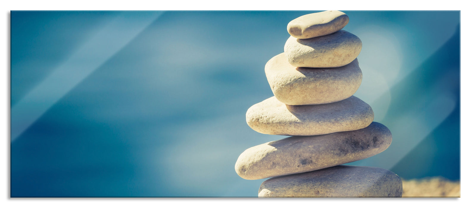 Pixxprint Steinpyramide am Strand, Glasbild Panorama