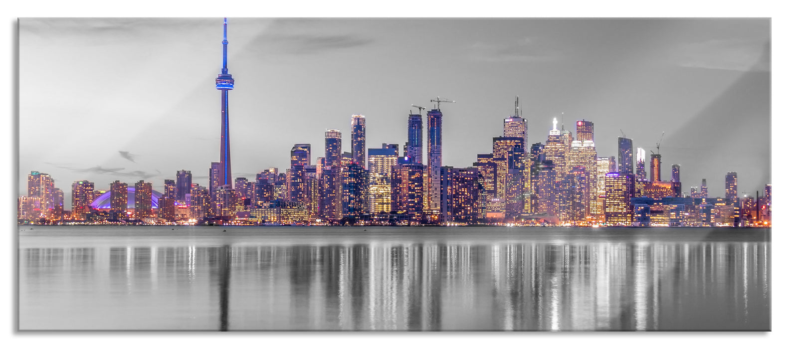 Pixxprint Skyline Toronto in der Abenddämmerung B&W Detail, Glasbild Panorama