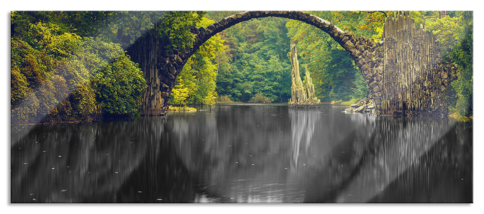 Pixxprint Rakotz-Brücke Kromlau Reflexion B&W Detail, Glasbild Panorama