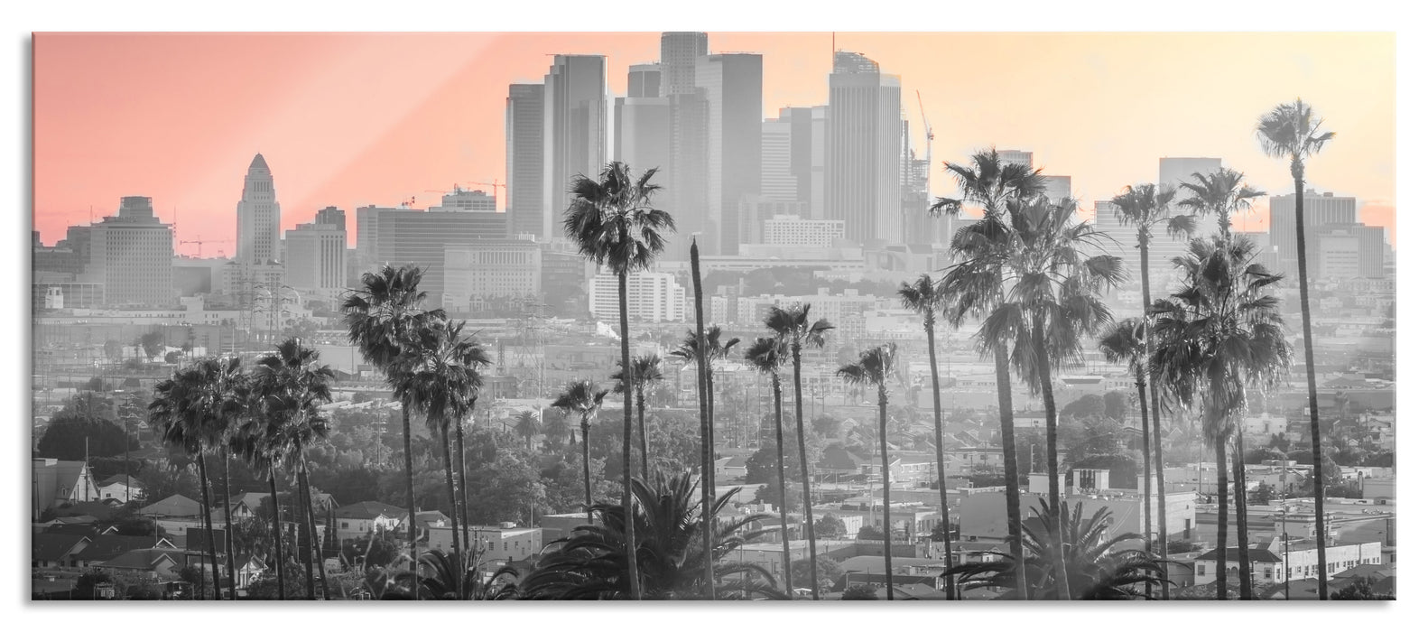 Pixxprint Palmen vor Skyline von Los Angeles B&W Detail, Glasbild Panorama