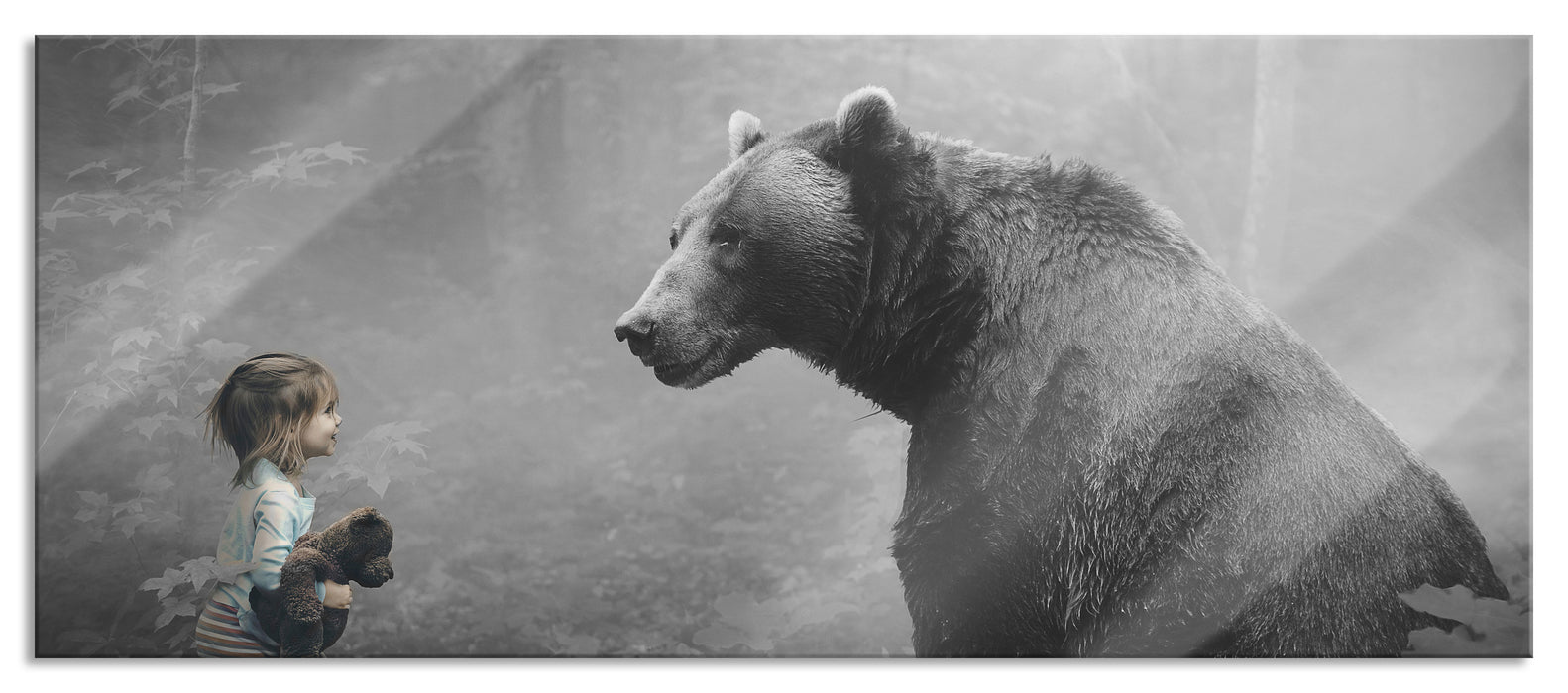 Pixxprint Mädchen mit Teddy und Bär im Wald B&W Detail, Glasbild Panorama