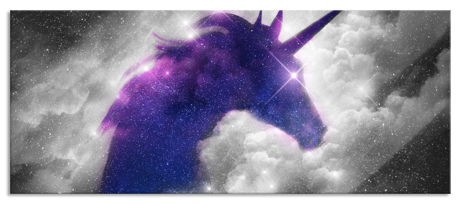 Pixxprint Einhorn Silhouette Galaxie B&W Detail, Glasbild Panorama