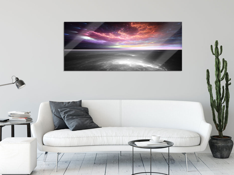 Horizont unter bunter Wolkendecke B&W Detail, Glasbild Panorama