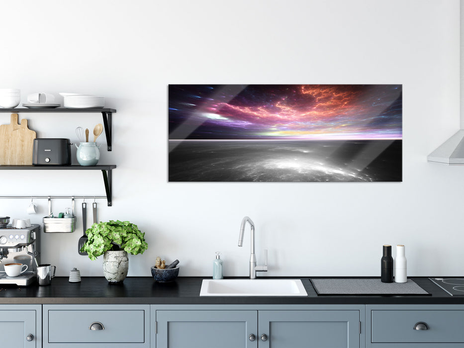 Horizont unter bunter Wolkendecke B&W Detail, Glasbild Panorama