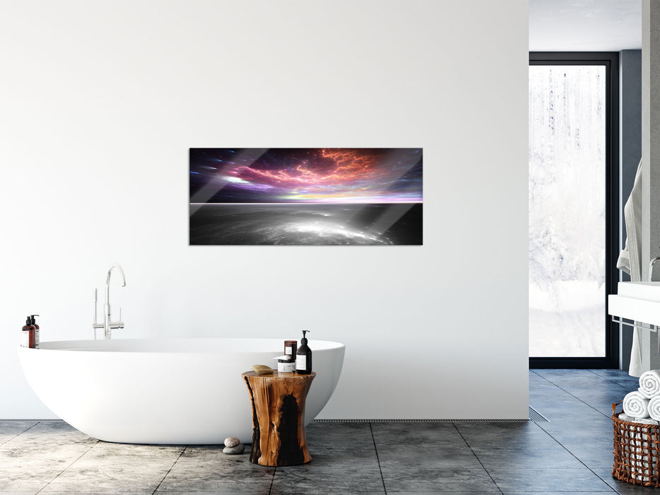 Horizont unter bunter Wolkendecke B&W Detail, Glasbild Panorama