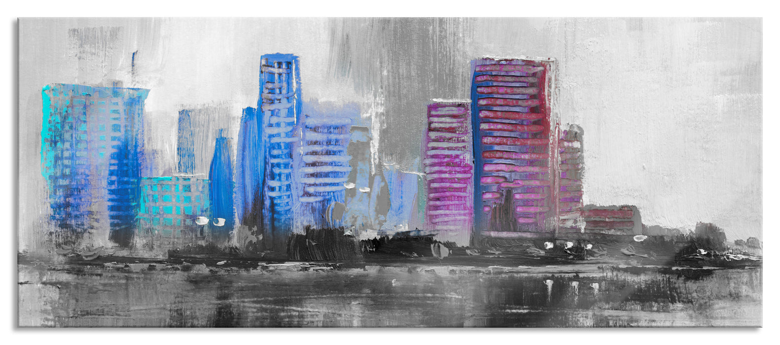Abstraktes Ölgemälde einer Skyline B&W Detail, Glasbild Panorama