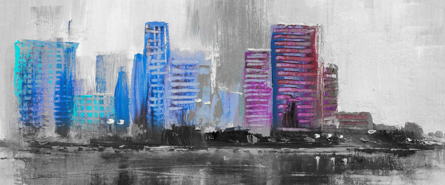 Abstraktes Ölgemälde einer Skyline B&W Detail, Glasbild Panorama