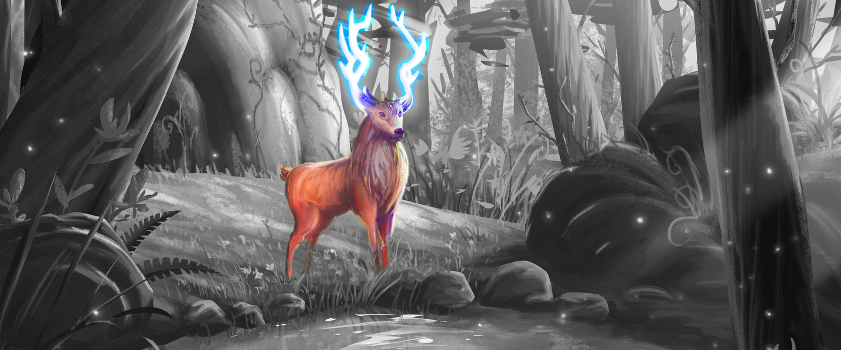 Märchenhafter Hirsch an buntem Waldsee B&W Detail, Glasbild Panorama