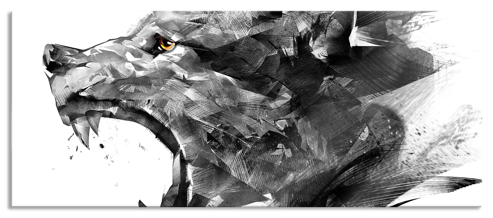 Abstrakter Wolfskopf im Profil B&W Detail, Glasbild Panorama