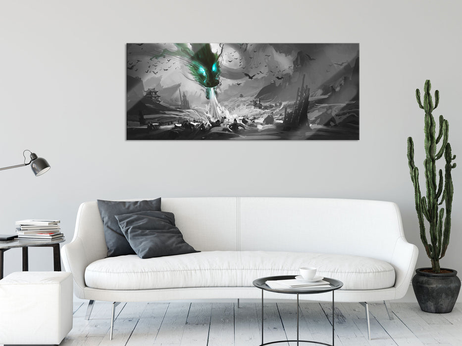 Böser Wasserdrache greift Dorf an B&W Detail, Glasbild Panorama