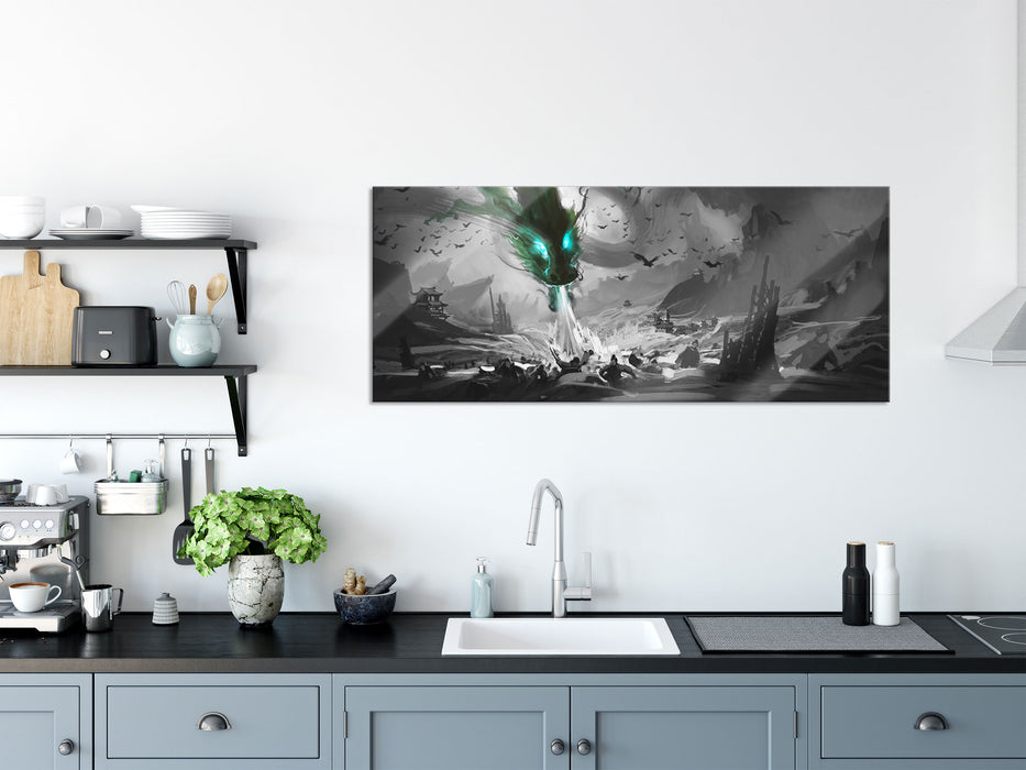 Böser Wasserdrache greift Dorf an B&W Detail, Glasbild Panorama