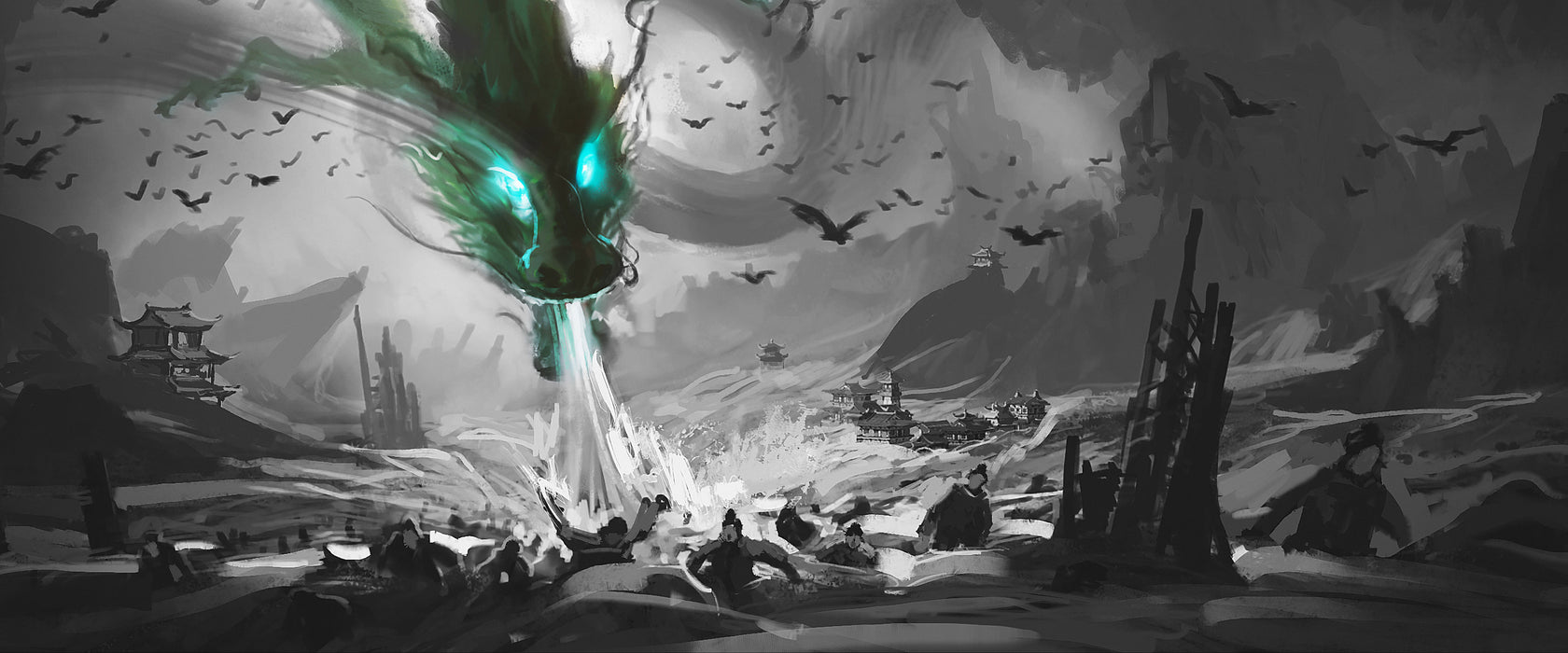 Böser Wasserdrache greift Dorf an B&W Detail, Glasbild Panorama