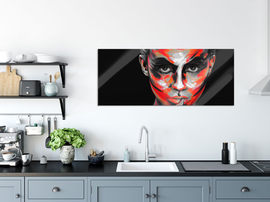 Nahaufnahme Frau mit Bodyart B&W Detail, Glasbild Panorama