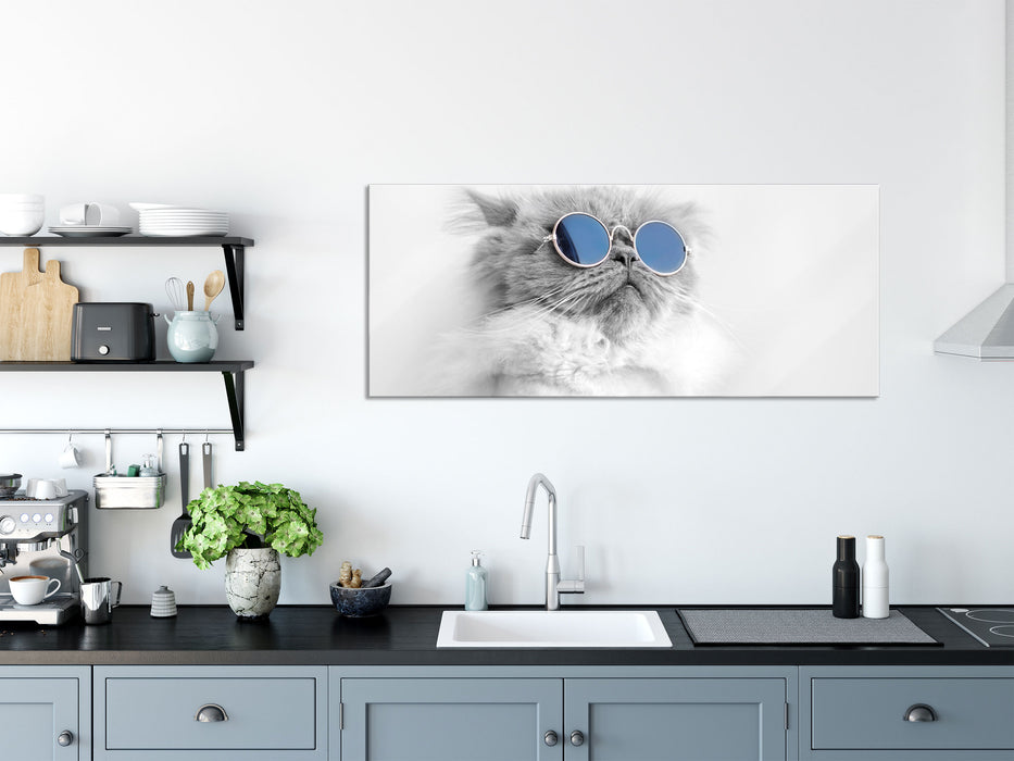 Coole Katze mit runder Sonnenbrille B&W Detail, Glasbild Panorama