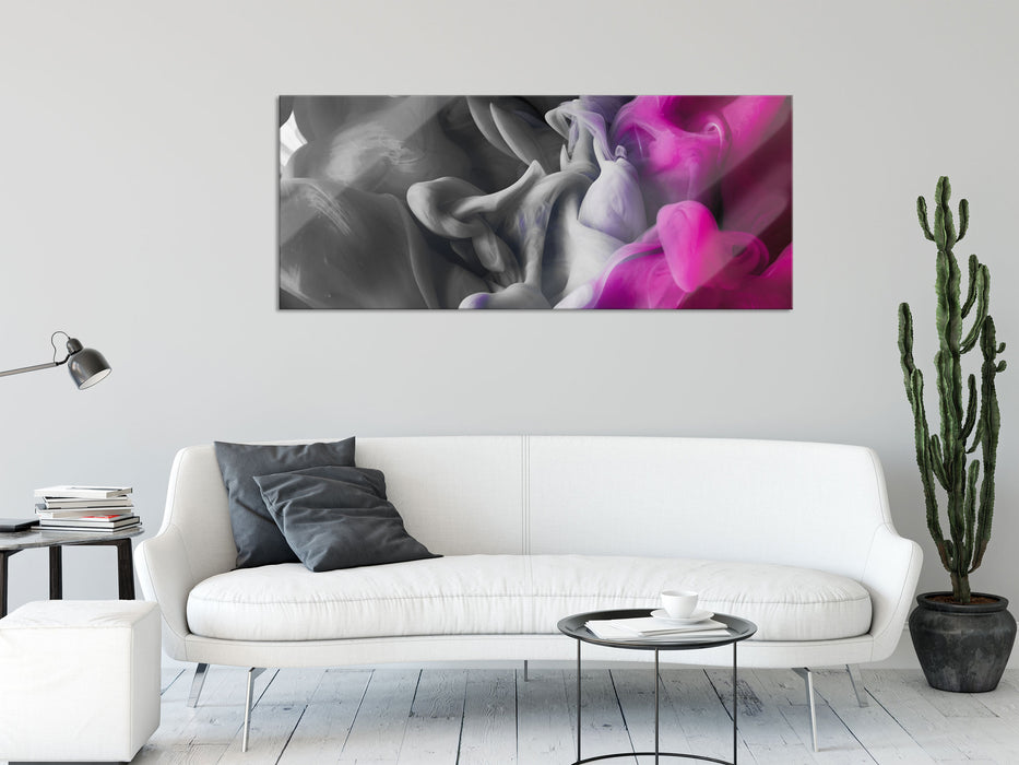 Tintentropfen vermischen sich im Wasser B&W Detail, Glasbild Panorama