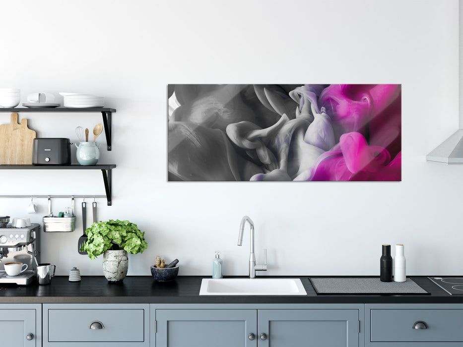 Tintentropfen vermischen sich im Wasser B&W Detail, Glasbild Panorama