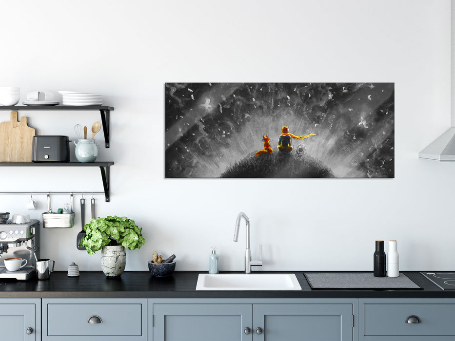 Ölgemälde "Der kleine Prinz" B&W Detail, Glasbild Panorama