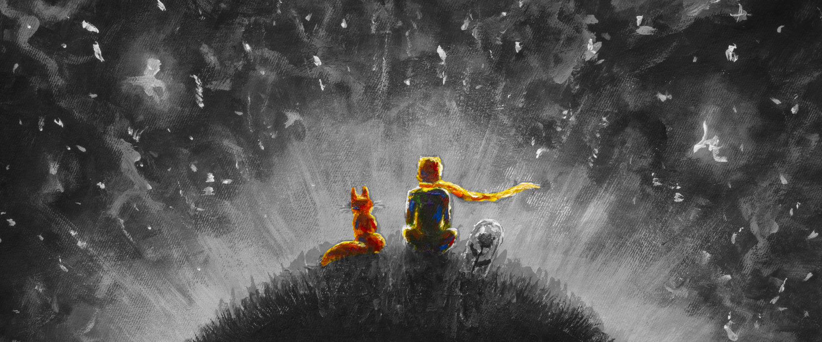 Ölgemälde "Der kleine Prinz" B&W Detail, Glasbild Panorama